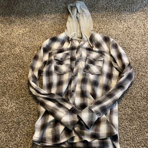 Long sleeve button up shirt with a hood